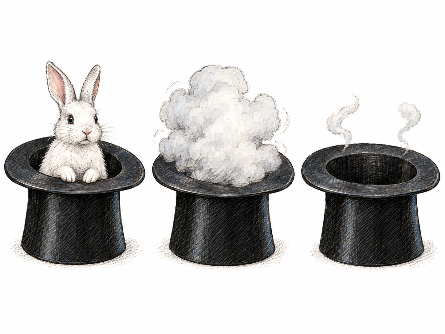 A text-free three-beat magic trick: a rabbit sits in an open top hat, a compact puff of smoke obscures it, and the smoke clears to reveal the same hat completely empty.