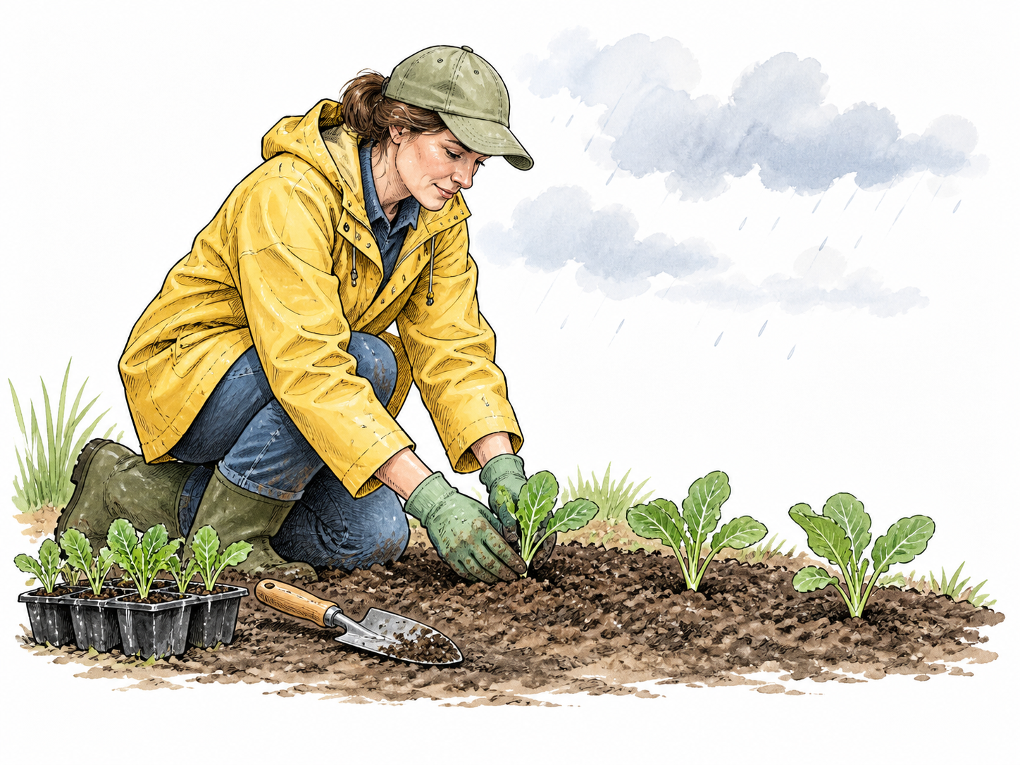 A white gardener in a light raincoat plants spring seedlings under mild spring clouds, appropriate seasonal work.