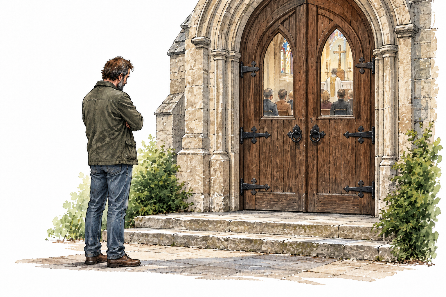 An excluded adult stands outside closed church doors while a congregation is faintly visible inside.