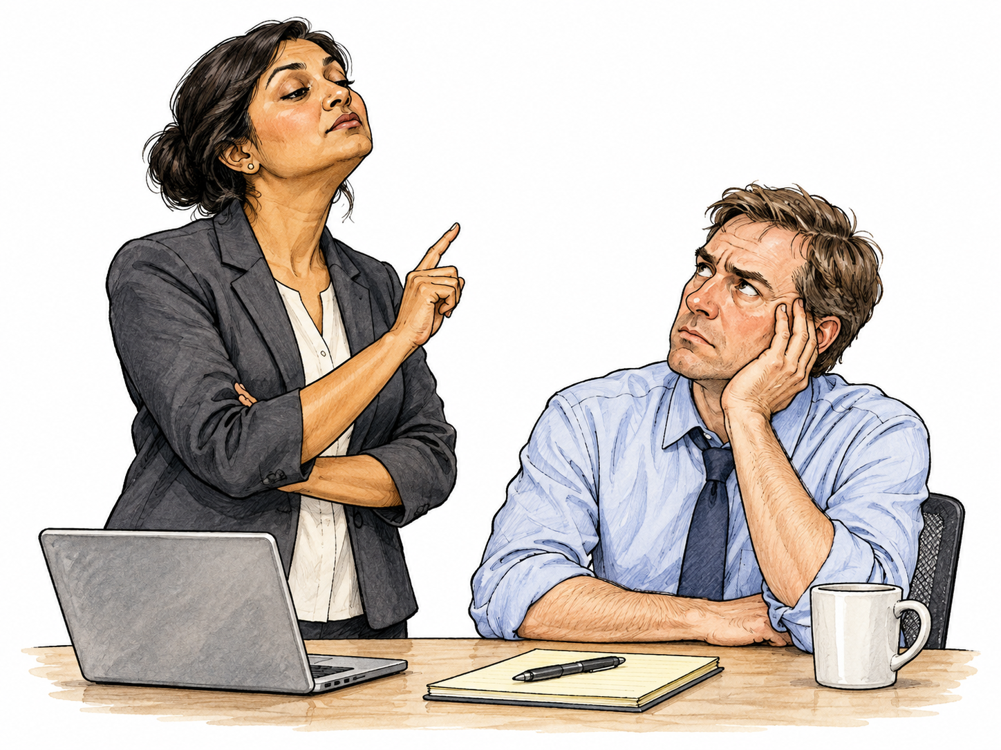 An adult talks down to another adult with a dismissive tilted chin and small lecturing finger, listener visibly exasperated, neutral office props.