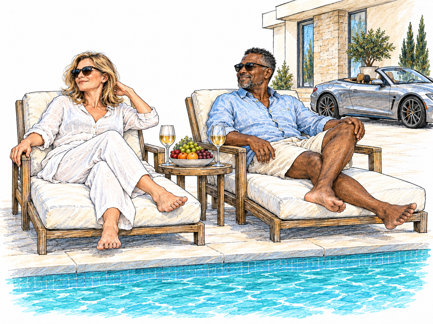 A comfortably relaxed, well-dressed couple enjoys a private poolside terrace, with a large elegant home and a luxury convertible providing clear, mutually reinforcing signs of substantial wealth.