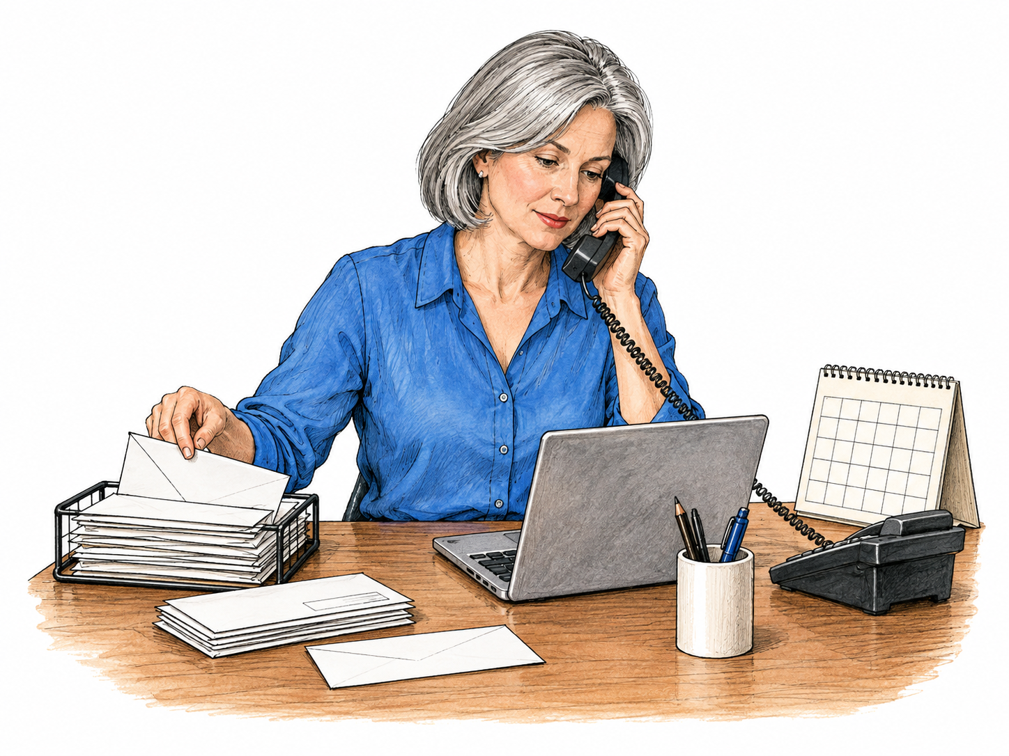 Secretary handles phone receiver while organizing envelopes and typing on small laptop, plain calendar grid without words; one compact desk, no office backdrop.