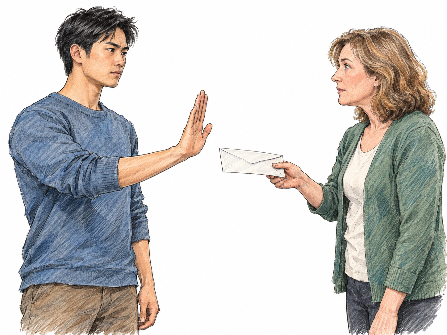 A young adult East Asian man gives an unequivocal refusal to a middle-aged white woman offering him a plain envelope: his upright open palm, firmly closed mouth, and steady eye contact convey a categorical no.