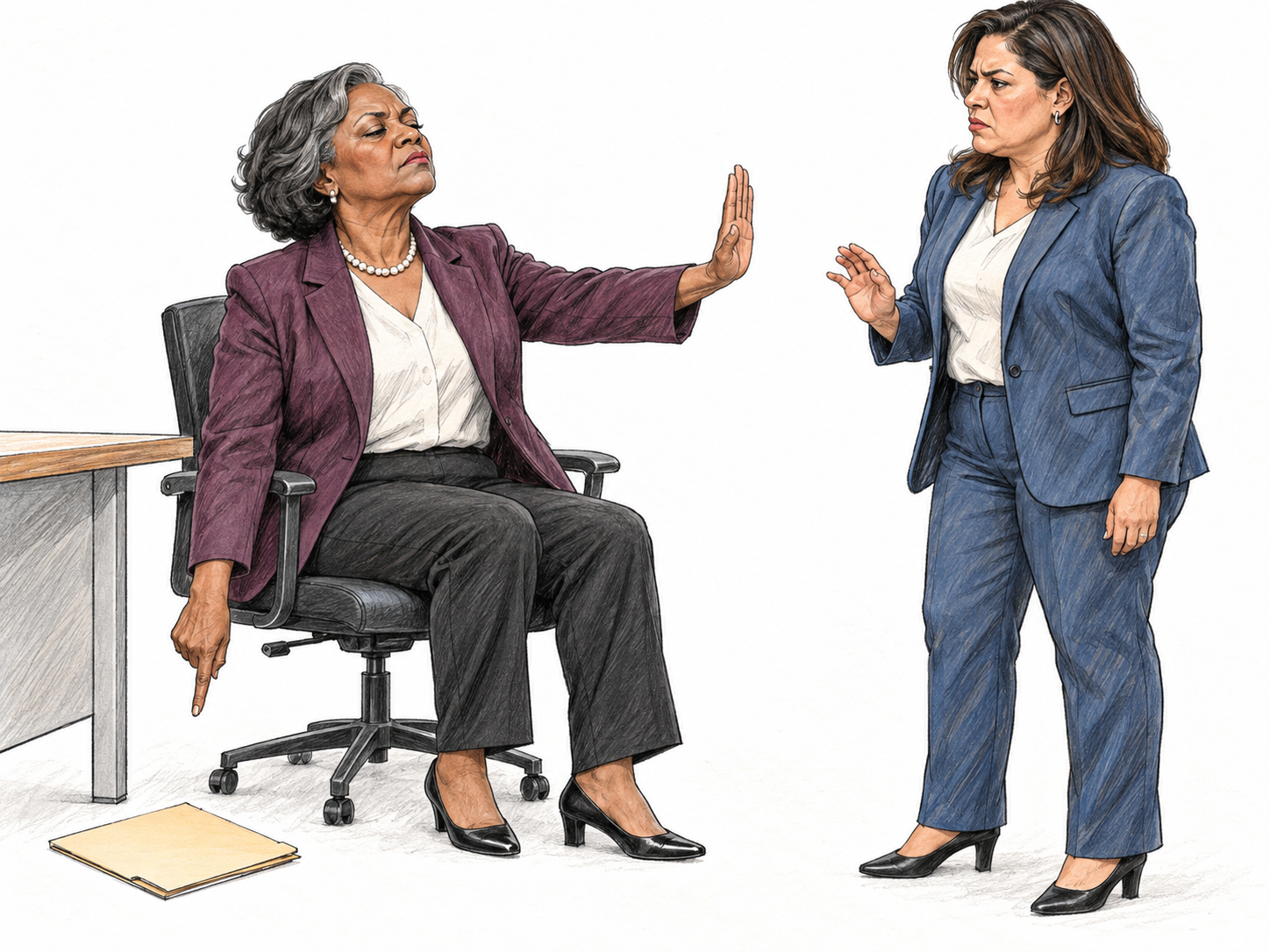 A seated woman arrogantly orders a standing colleague to retrieve a dropped folder, pointing sharply at it while silencing the colleague's objection with her other hand.