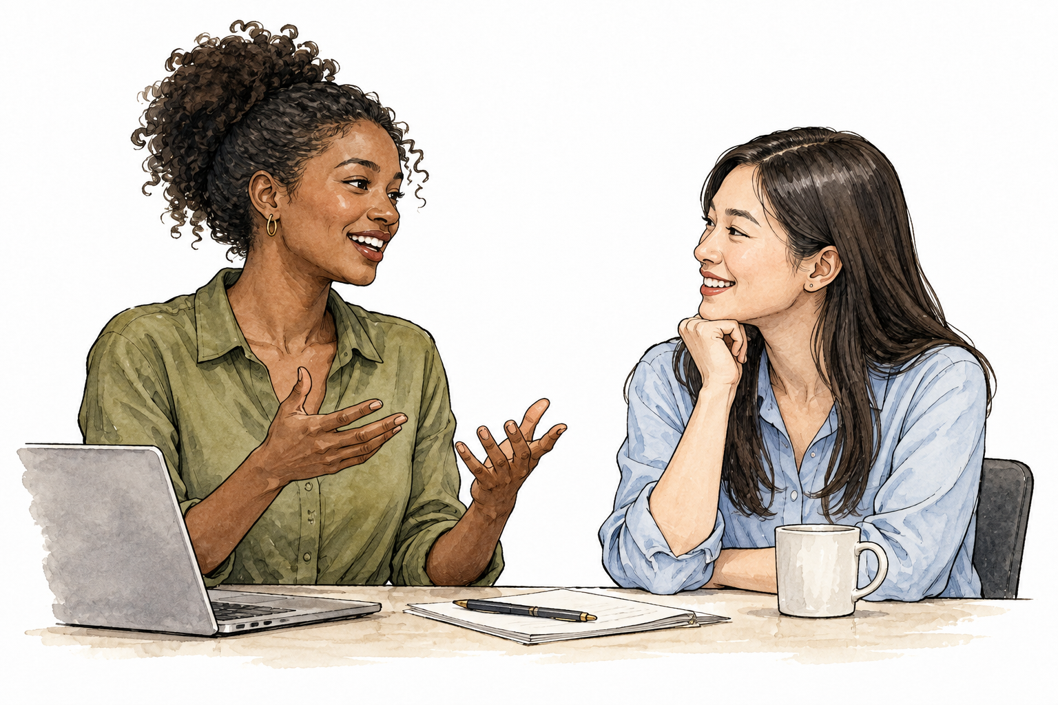 Young Black woman converses smoothly and confidently with an East Asian colleague, relaxed mutual understanding.