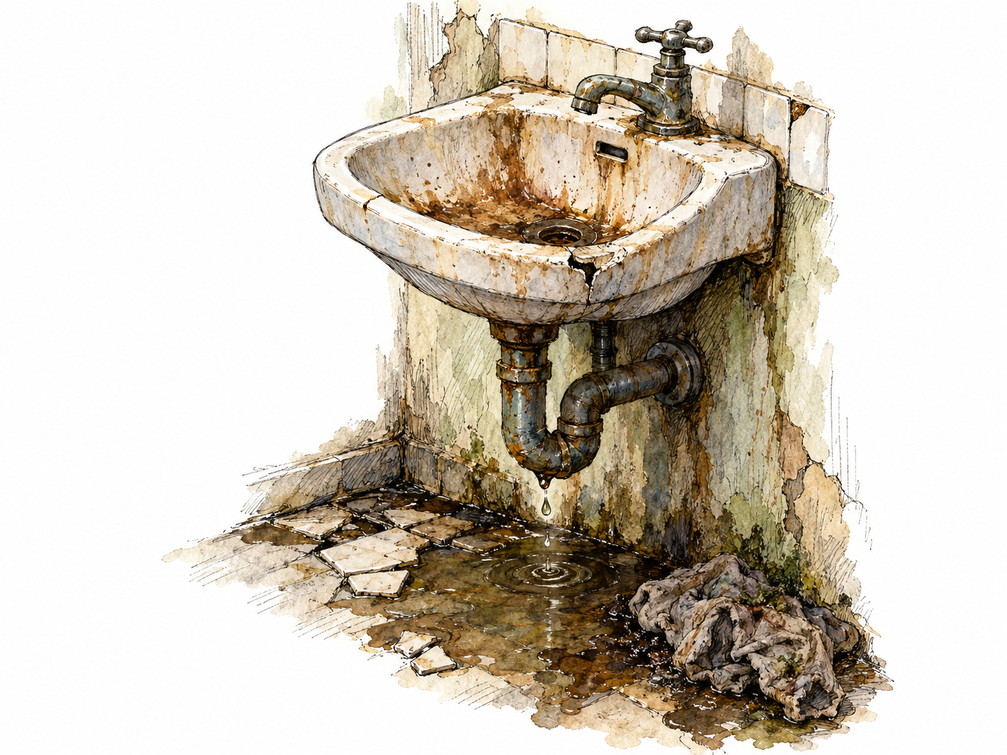 A close view of a filthy, dilapidated washroom corner: a cracked basin with a brown grime ring, a leaking pipe dripping into stagnant dirty water, and a sodden rag among accumulated floor muck.