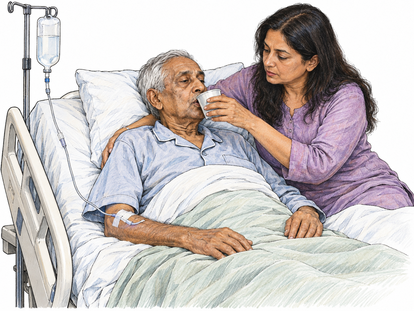 A visibly weak older man remains reclined in an adjustable bed while a caregiver supports his shoulders and brings a cup to his lips.