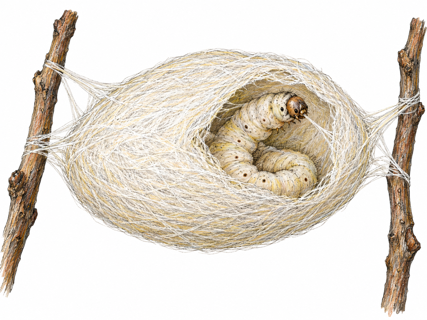 A close view of a moth larva enclosing itself in an oval silk cocoon attached between two small twigs.
