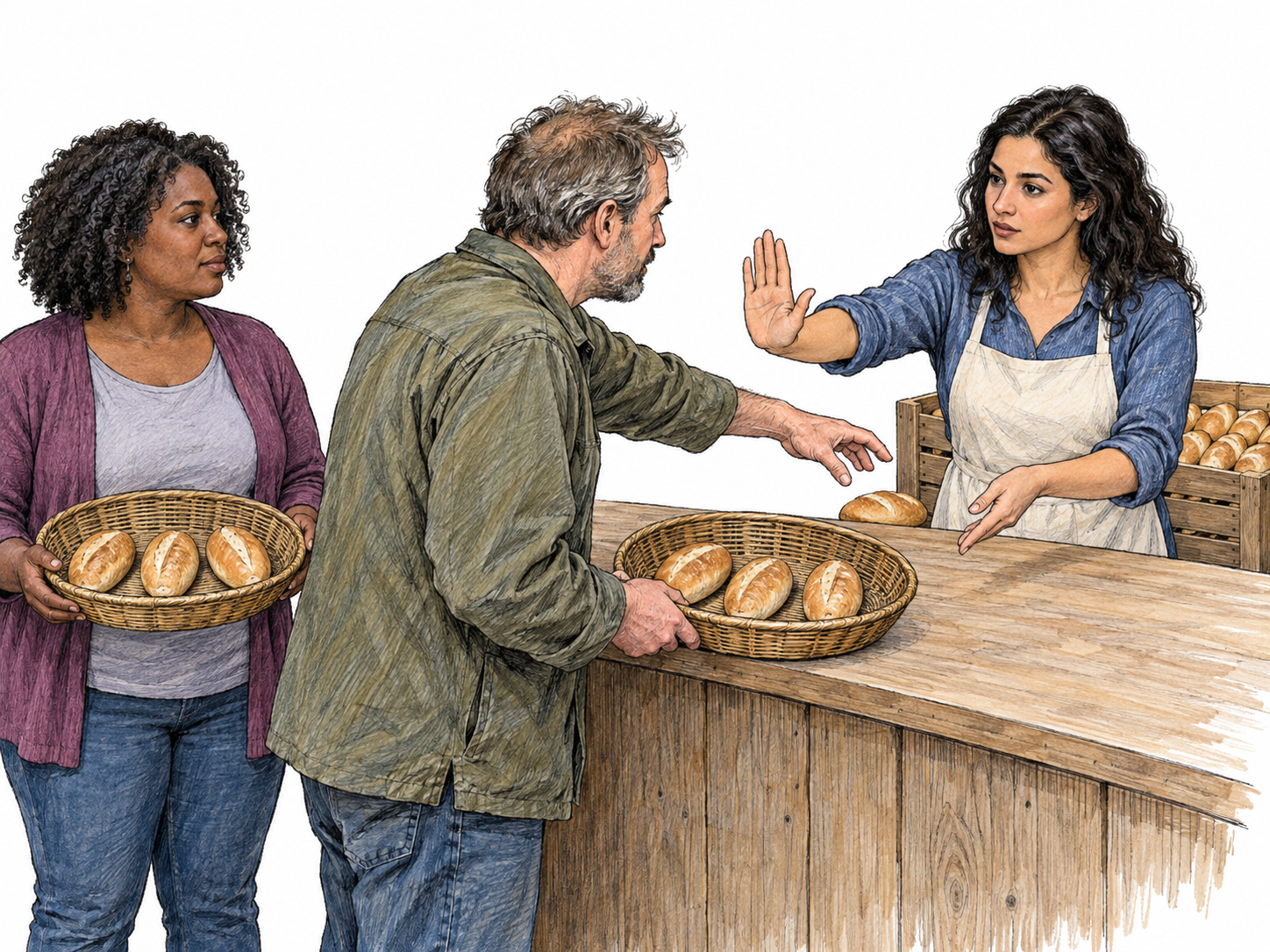 A distribution attendant enforces a fixed allowance of three loaves per recipient: two recipients have the same three-loaf allotment, ample stock remains, and the attendant stops one recipient from taking a fourth.