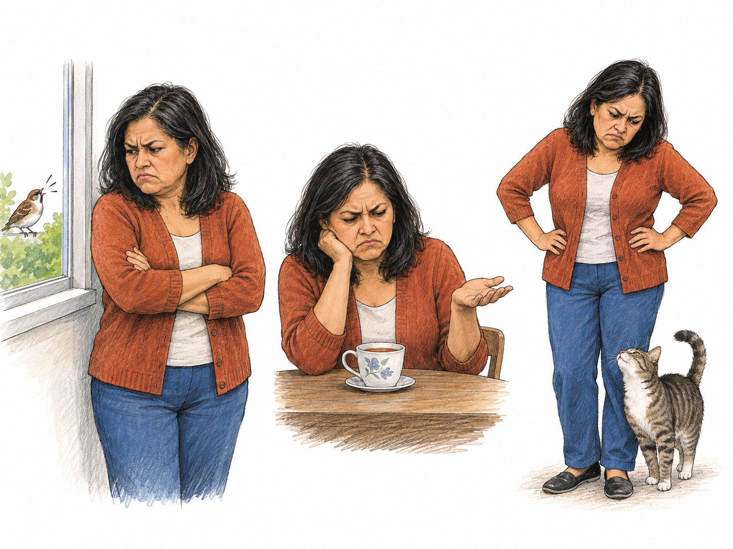 Three small, text-free vignettes show the same woman responding with a sour scowl to different harmless everyday situations, making a recurring irritable disposition—not one isolated bad moment—the focus.
