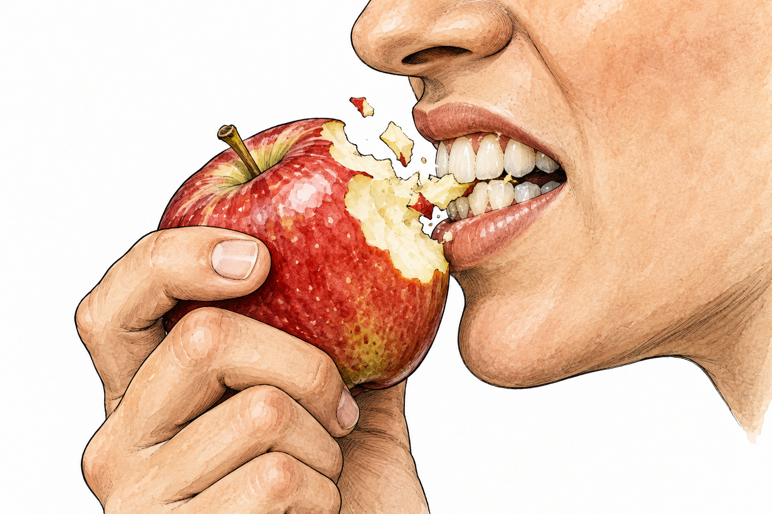 Close view of adult biting crisp apple with small breaking fragment, noisy crush with teeth.
