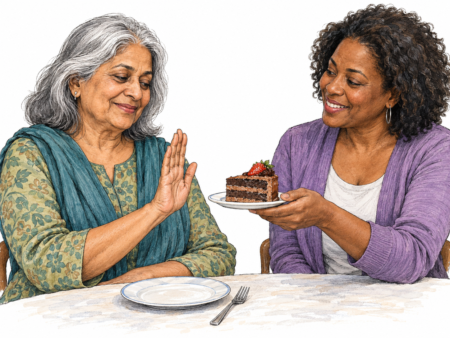 At a sparsely set dining table, a woman calmly declines an offered slice of cake with a gentle palm-out gesture, leaving her dessert plate empty.
