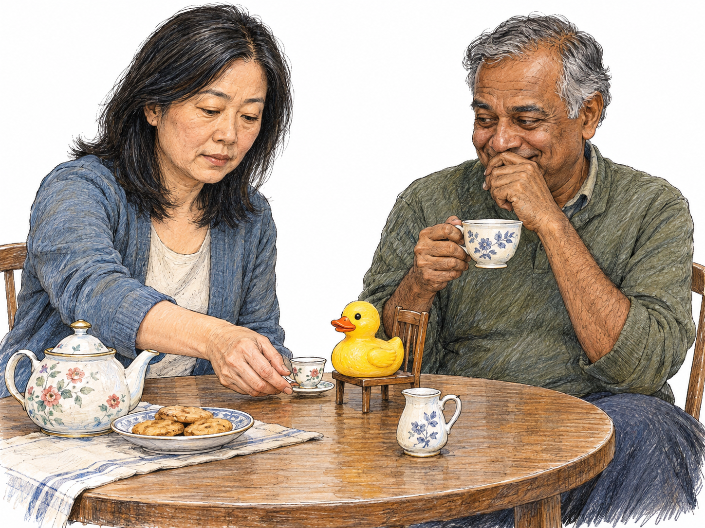 A deadpan tea host solemnly offers a tiny teacup to a rubber duck seated beside her real guest, who suppresses a chuckle.