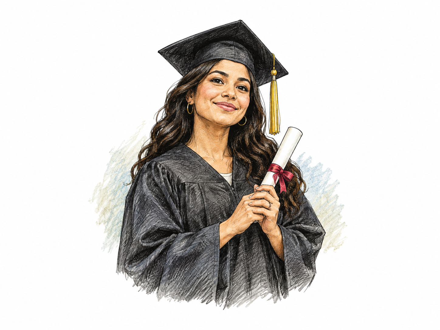 A new graduate in plain gown and mortarboard holds a rolled blank diploma and smiles, small tassel and graduation clothing clear, no university crest or writing.