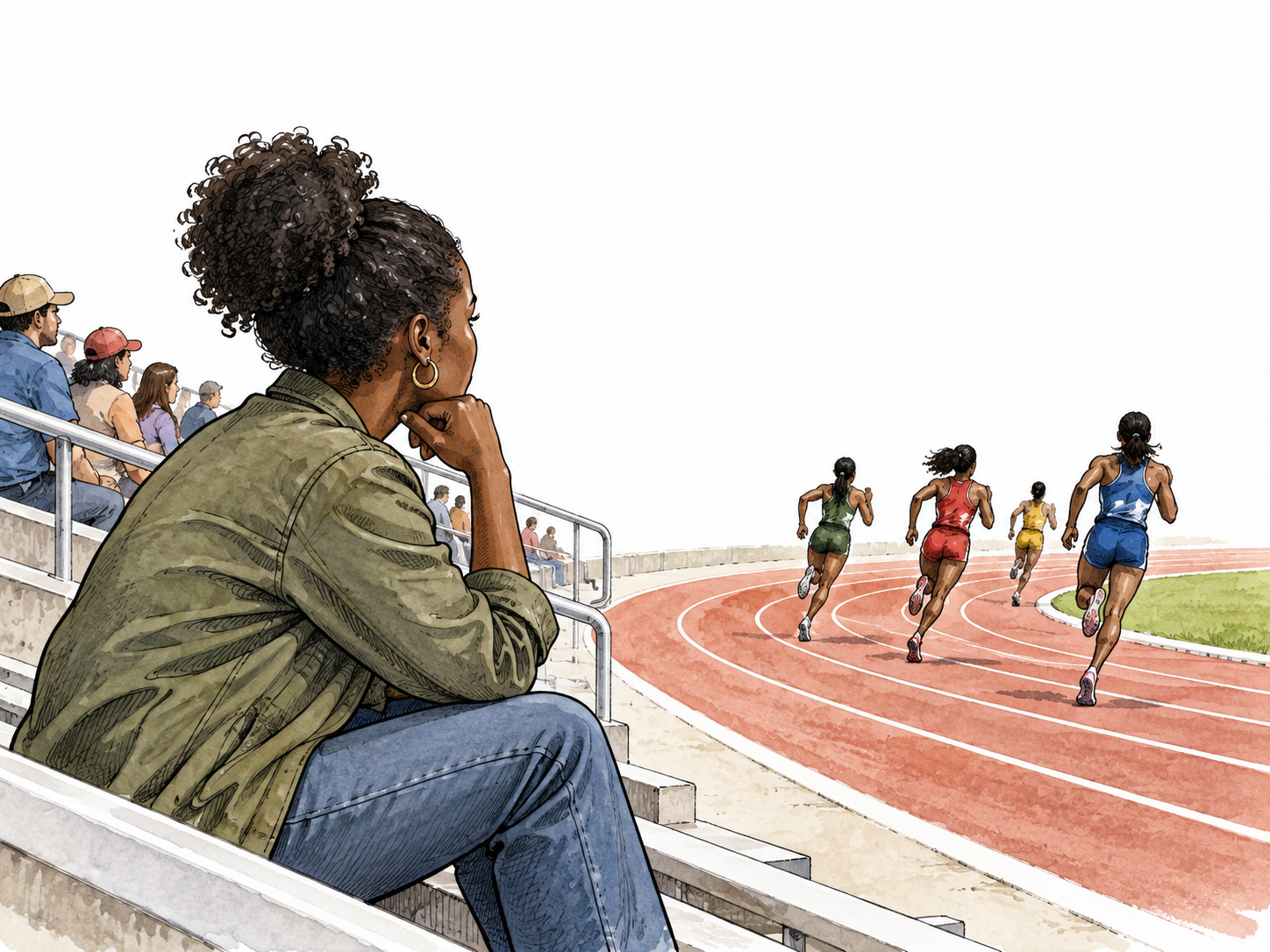 A Black woman seated in stadium stands watches runners on the track without participating.