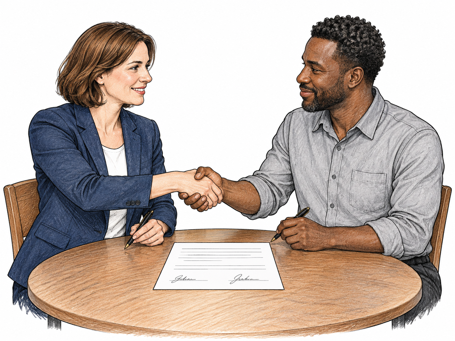 Two adults sign same agreement document across small table, both pens and formal handshake after signing visible; plain ruled fields and signatures only, no contract title or explanatory text.