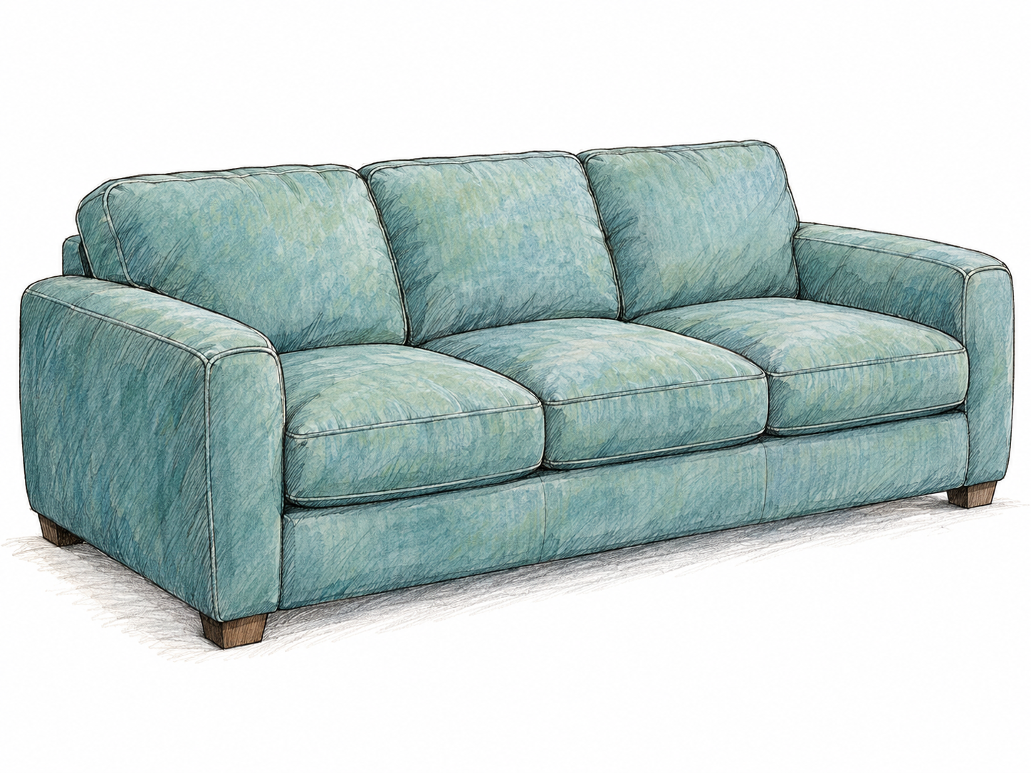 An isolated three-seat upholstered sofa, shown in three-quarter view with a padded back, two arms, and three broad seat cushions clearly visible.