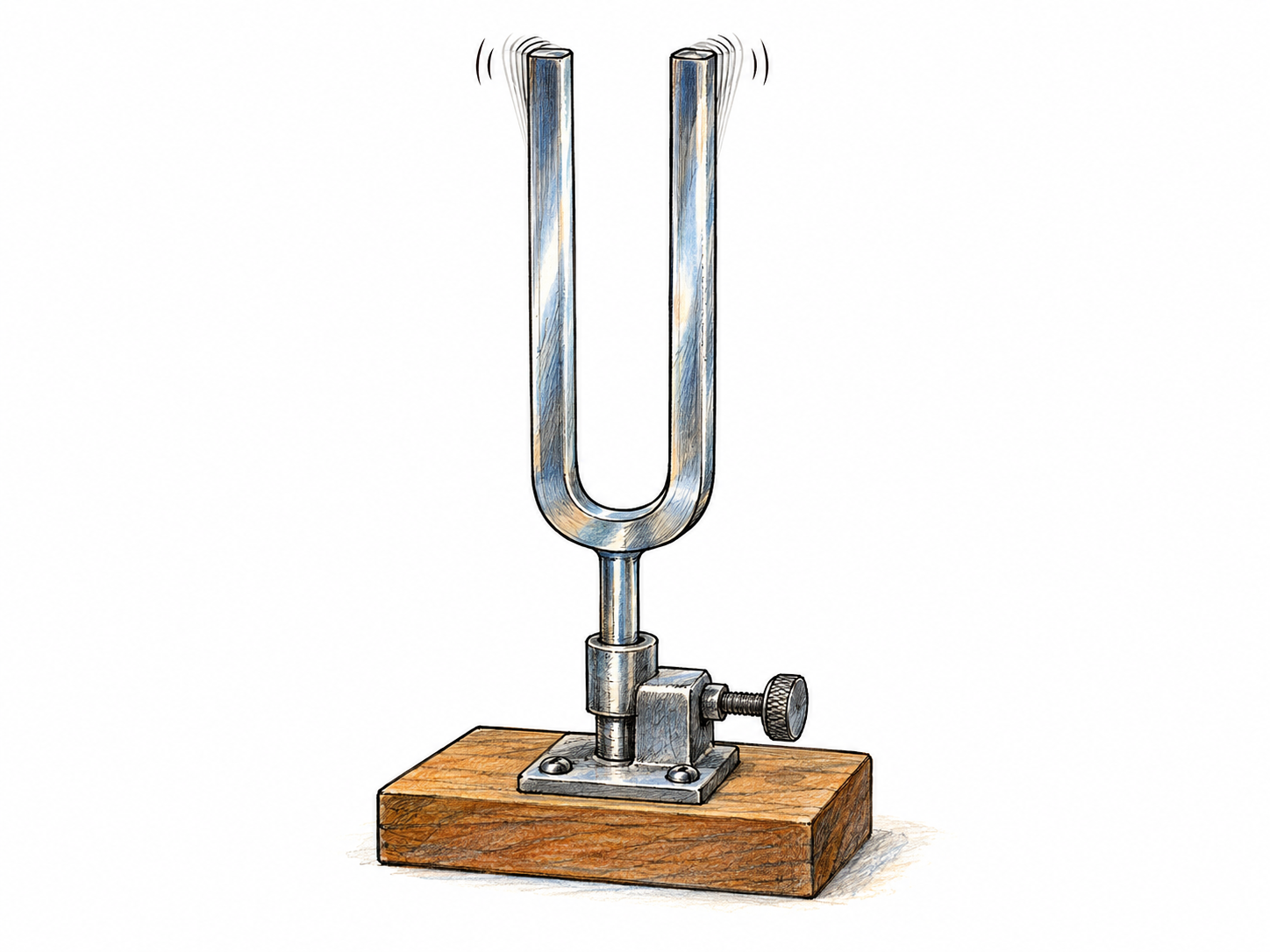 A vibrating tuning fork, with its stem held steady in a small clamp and closely spaced motion traces at the tips showing slight, rapid trembling.