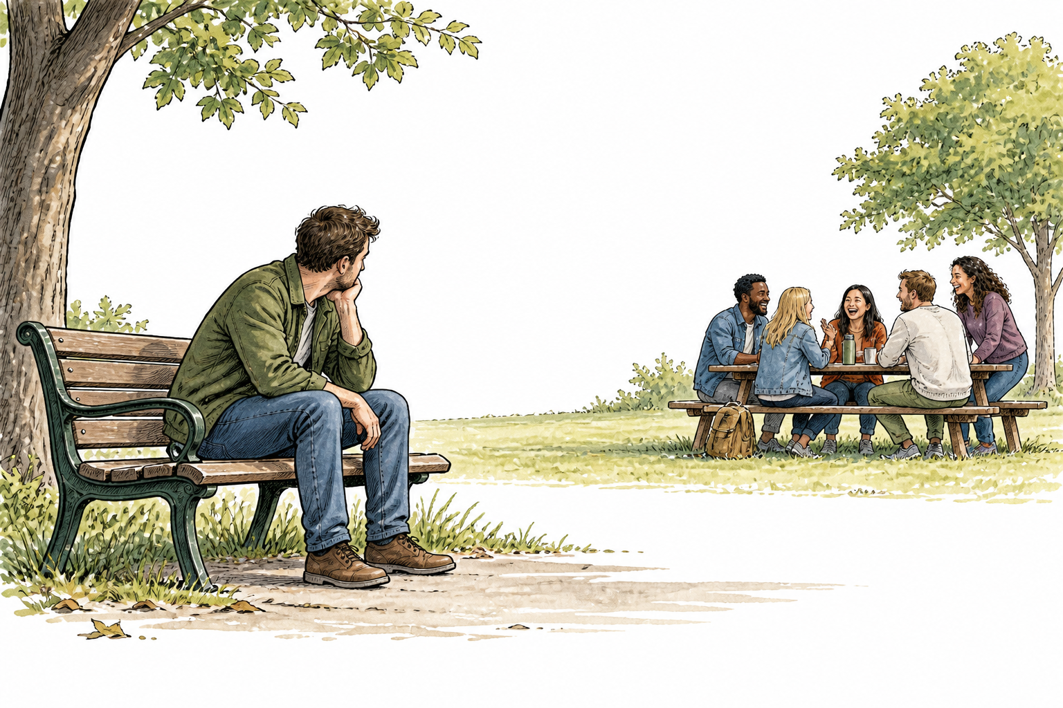 A lonely adult sits apart on a bench while a group socializes some distance away, isolation.
