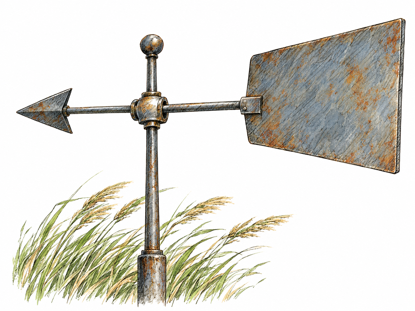 Close-up of a functional weather vane: a broad, flat metal tail plate and arrow rotate freely on a vertical spindle, with wind-bent grass below making the airflow visible.