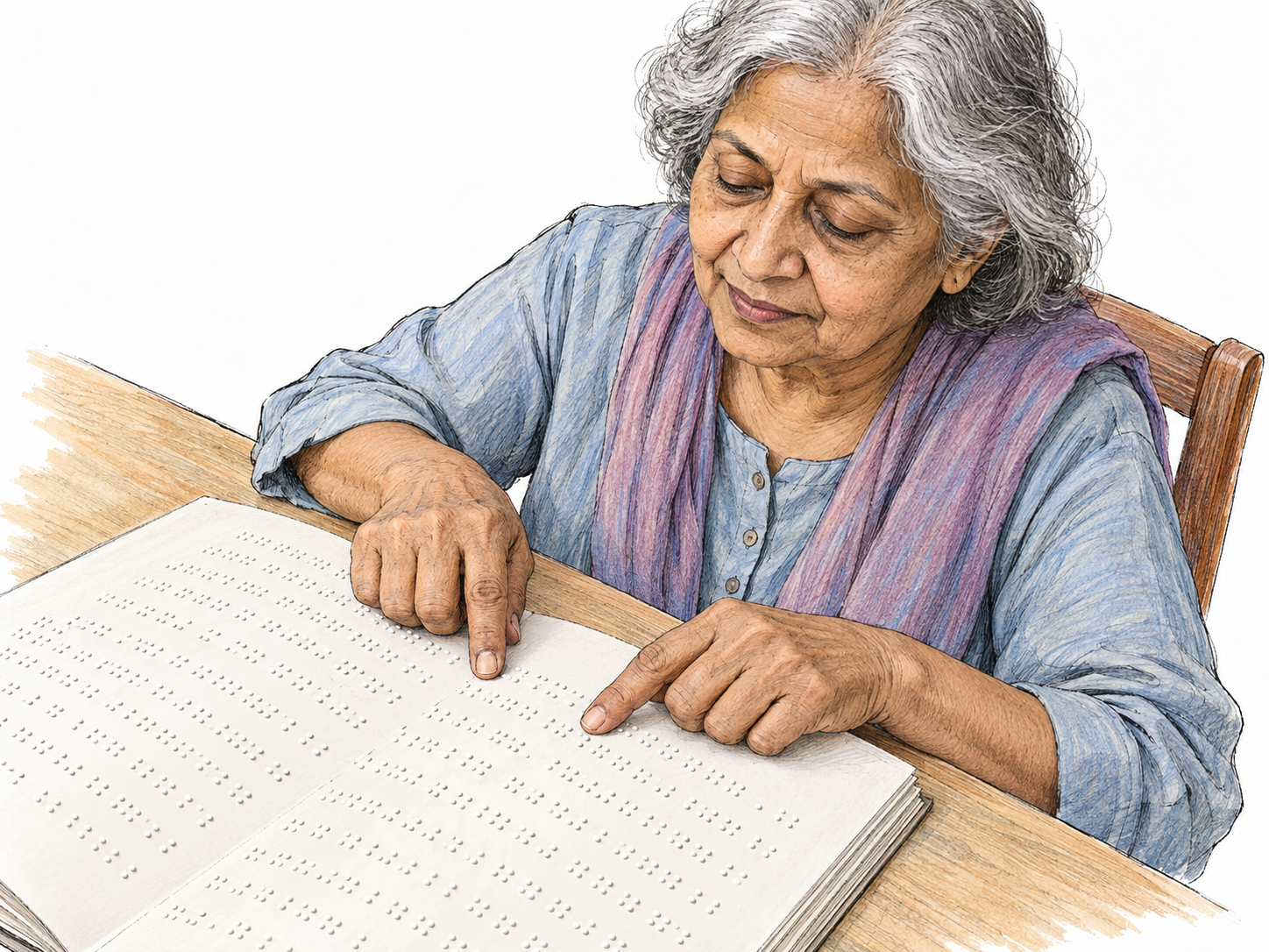 A close view of an older woman reading an embossed braille page with her fingertips, with orderly six-position raised-dot cells clearly visible beside her touching fingers.
