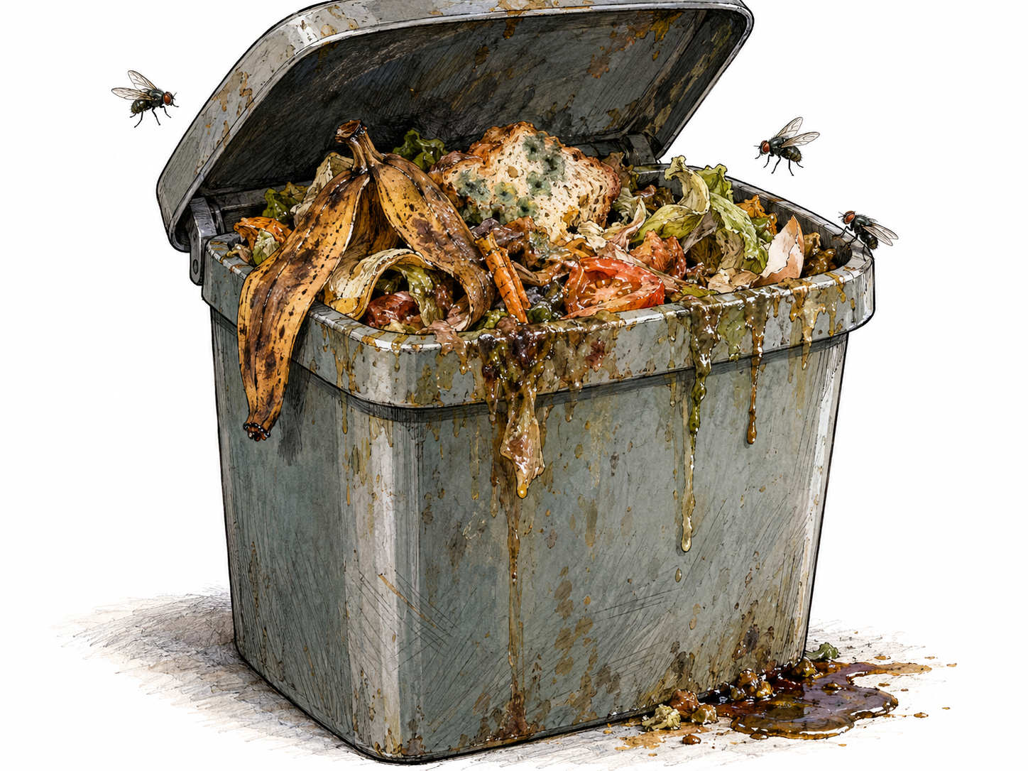 A close view of an open kitchen rubbish bin overflowing with visibly rotten food, wet grime, and flies, conveying something nasty through unmistakable physical filth.