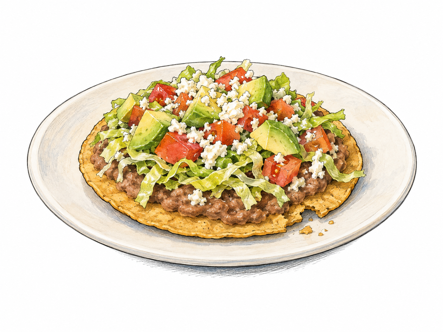 One flat crisp fried corn tortilla topped with refried beans, shredded lettuce, tomato, avocado and crumbled cheese on a plain plate; one small broken edge exposes crunchy tortilla.