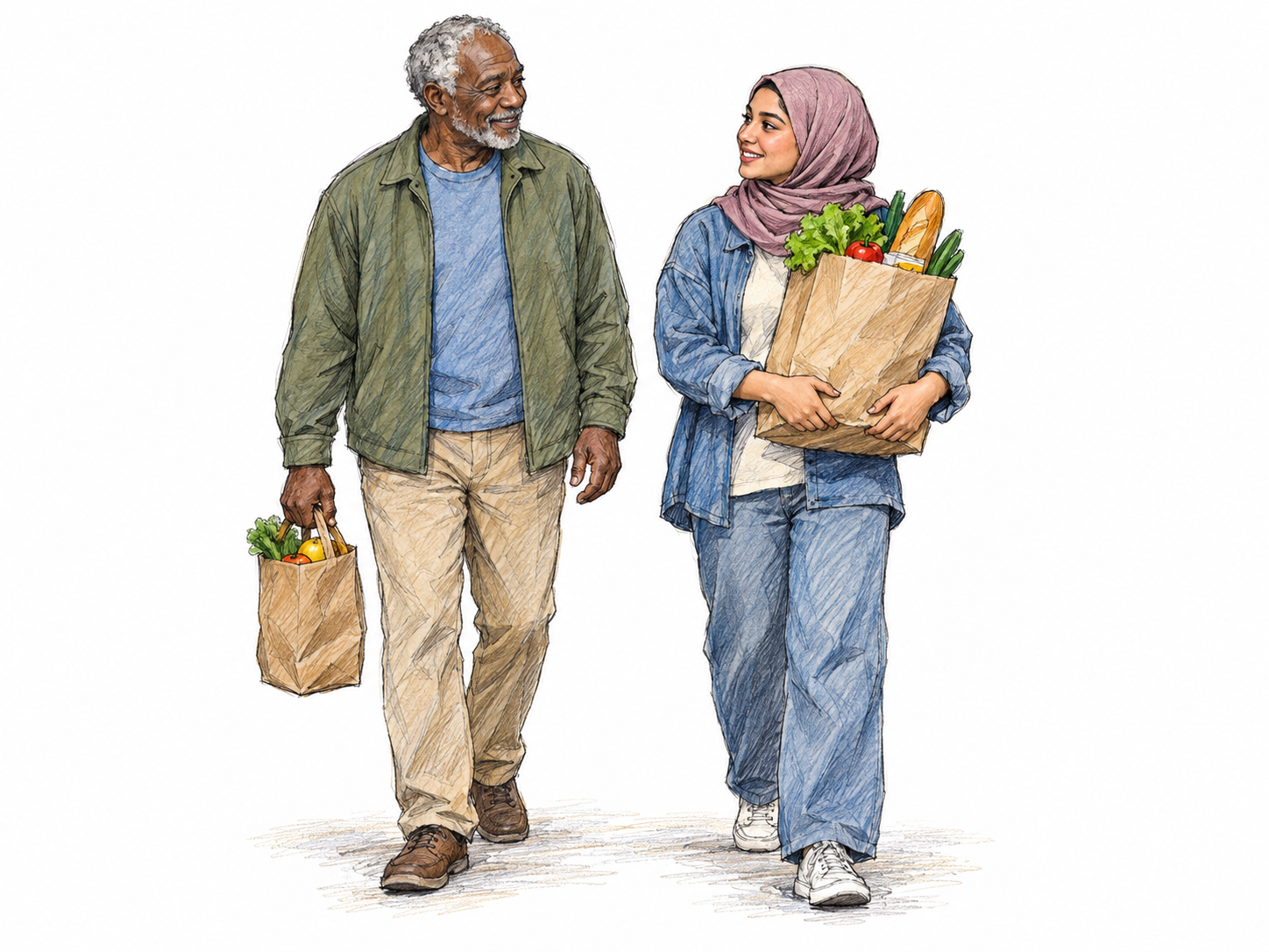 Two neighbors sensibly share the task of carrying groceries: an older man takes a small, light bag while a younger woman takes a larger bag, and both agree comfortably to the practical arrangement.