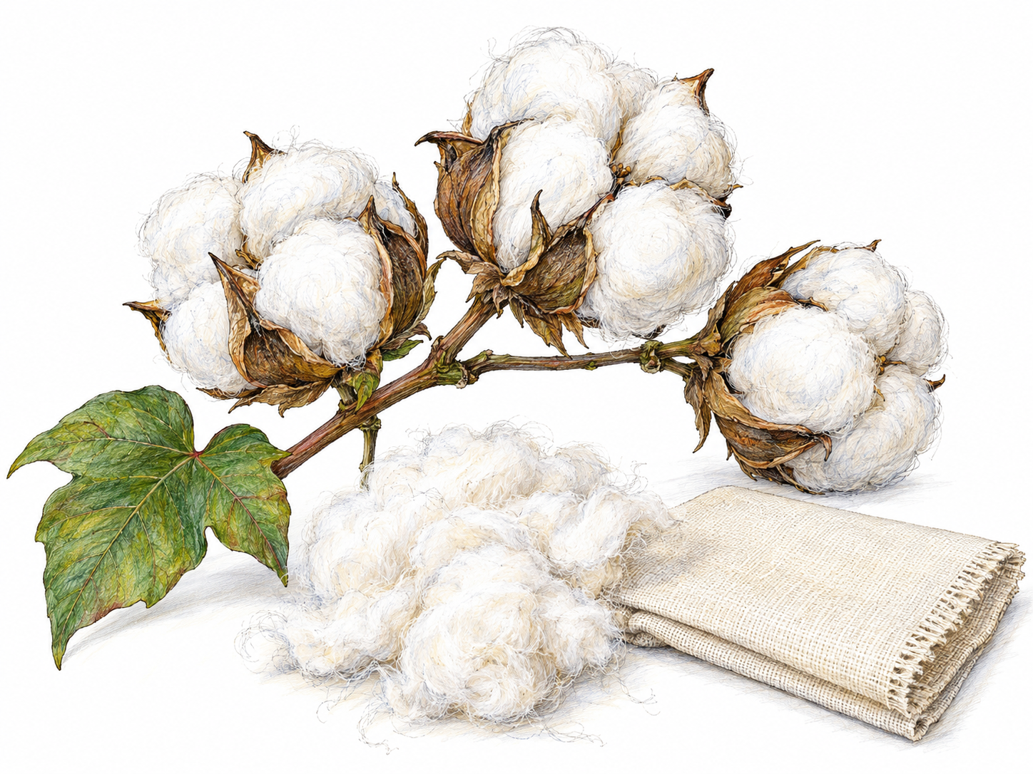 A close botanical still life of ripe cotton bolls split open on a short branch, exposing soft white fibers, with a loose tuft beside a small folded piece of plain woven cotton fabric.