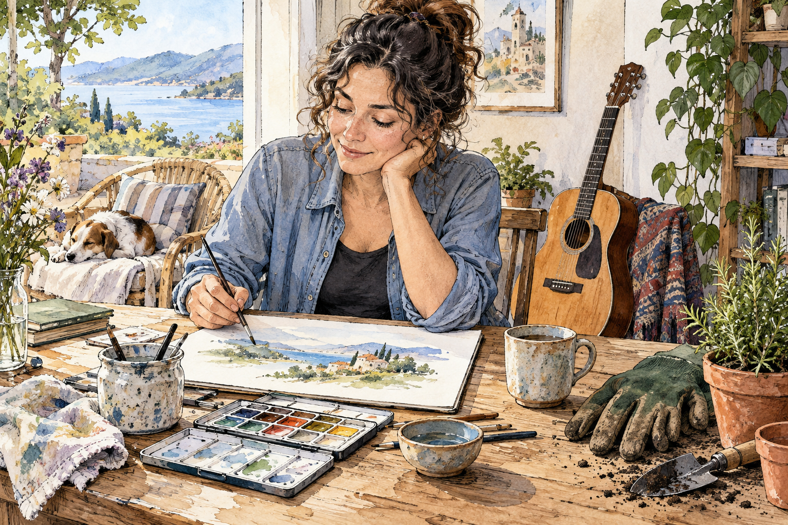 A casually interested adult tries watercolor painting at a hobby table with a half-finished sketch, guitar and gardening gloves nearby; relaxed exploratory involvement rather than mastery.
