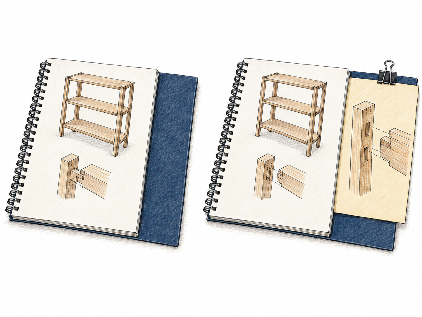 A compact two-stage view shows a completed illustrated document, then the same document with a distinct supplementary sheet attached after its main content.