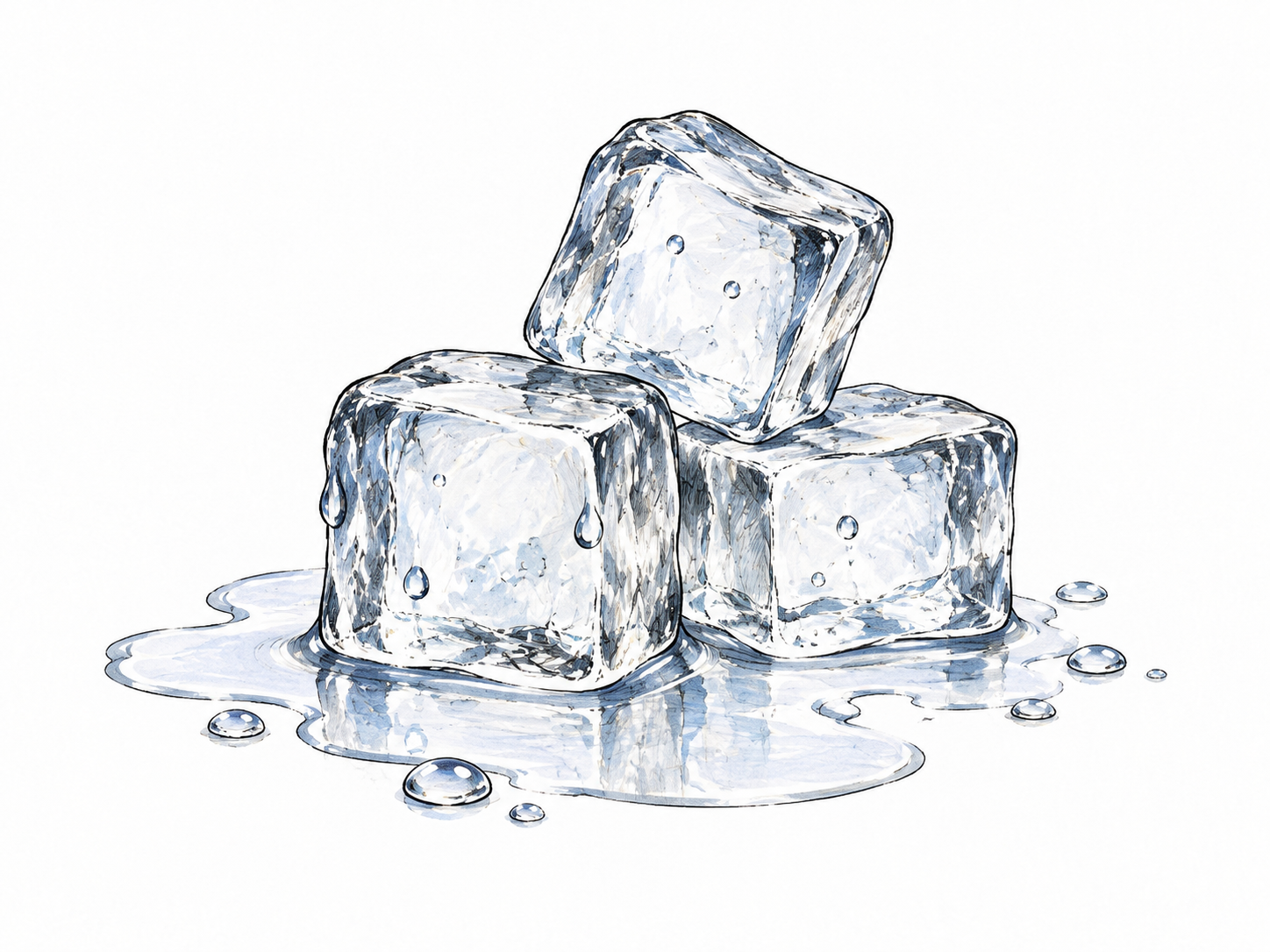 Several translucent ice cubes melting slightly in a small clean puddle, frozen-water solid form clearly visible.