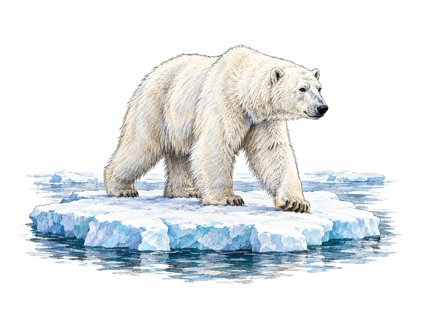 Polar bear walks on a small Arctic sea-ice floe, thick fur and ice habitat clear; no penguins, flag, map, research station or panoramic glacier.