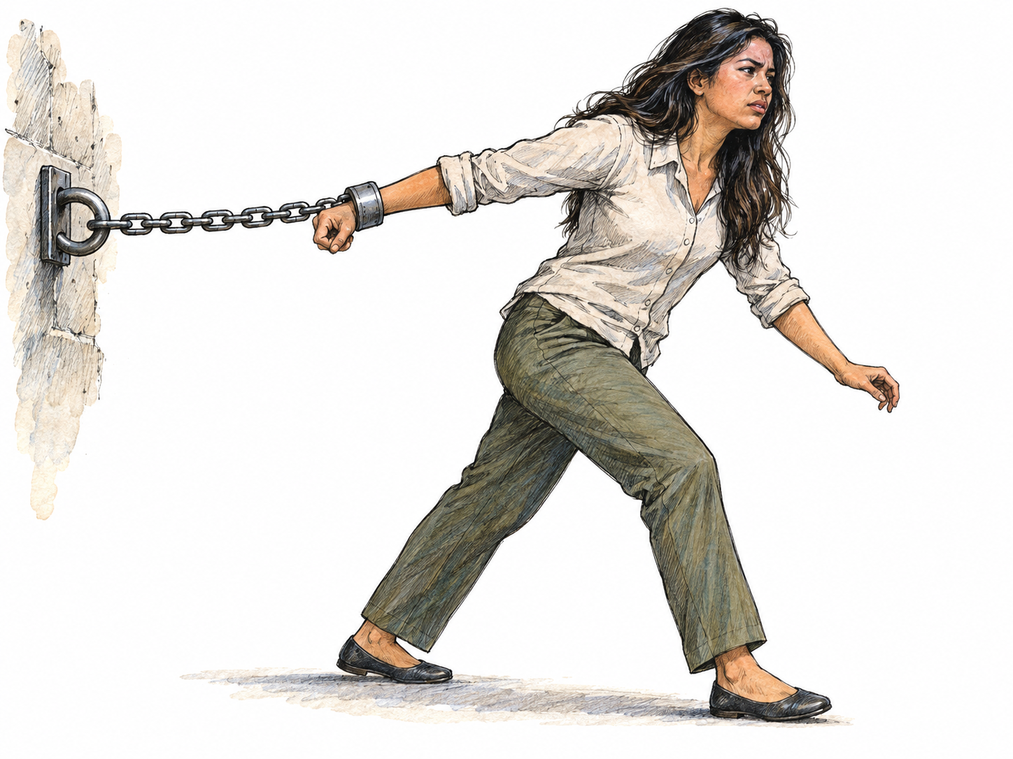 A woman tries to step forward, but a short, taut chain connecting a steel wrist shackle to a fixed wall ring visibly stops her movement.
