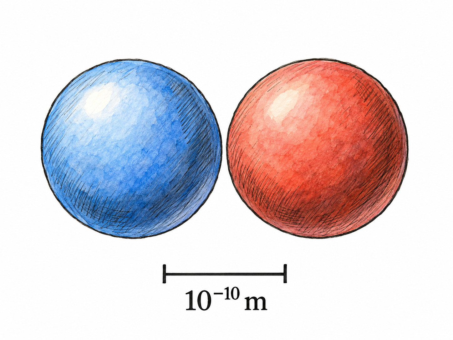 A close-up scientific model of two neighboring atoms, with a short calibrated scale bar beneath them marked “10⁻¹⁰ m,” making the extremely small length concrete.