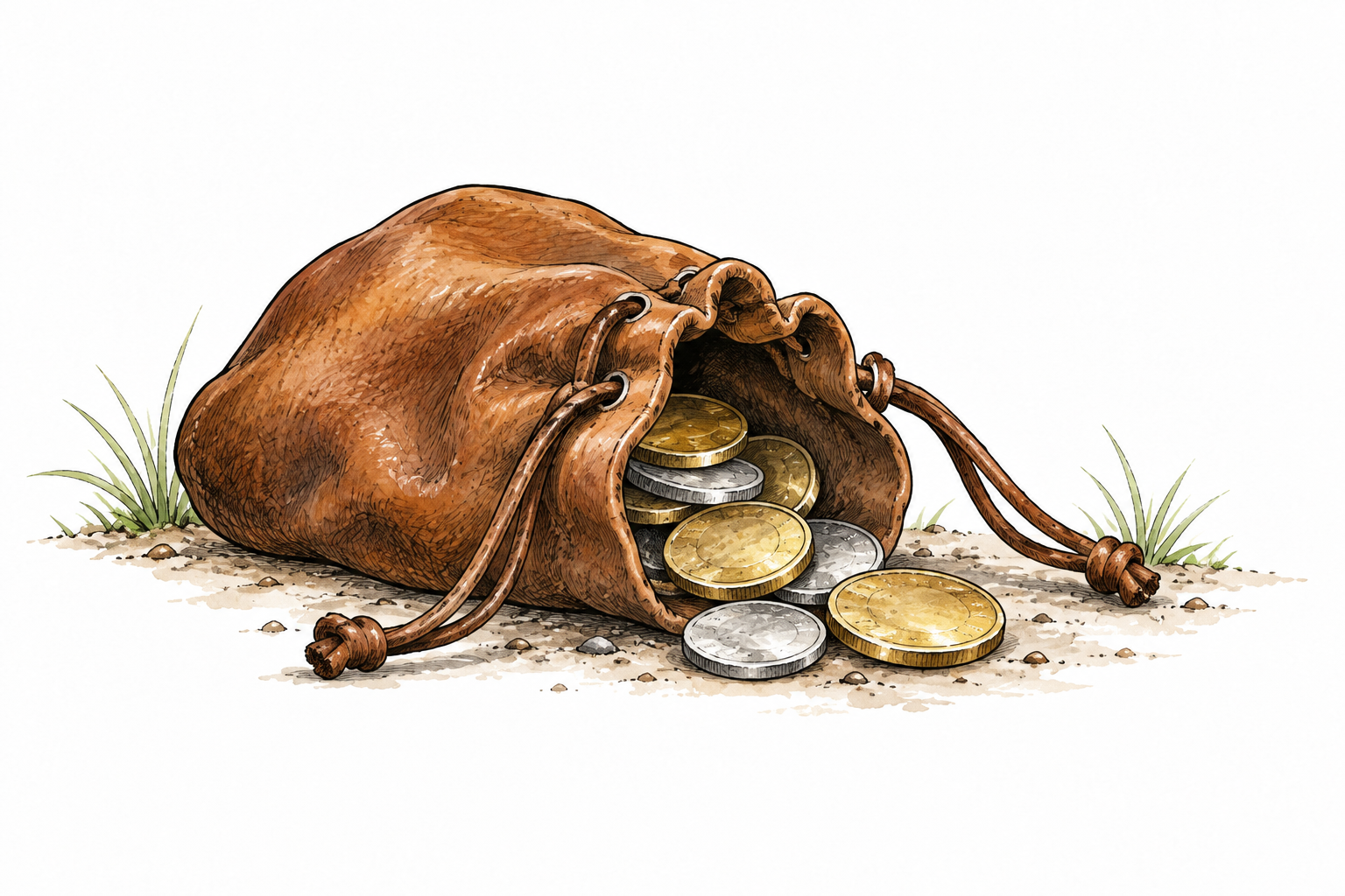 Small soft leather drawstring pouch partly open with coins inside, no writing.