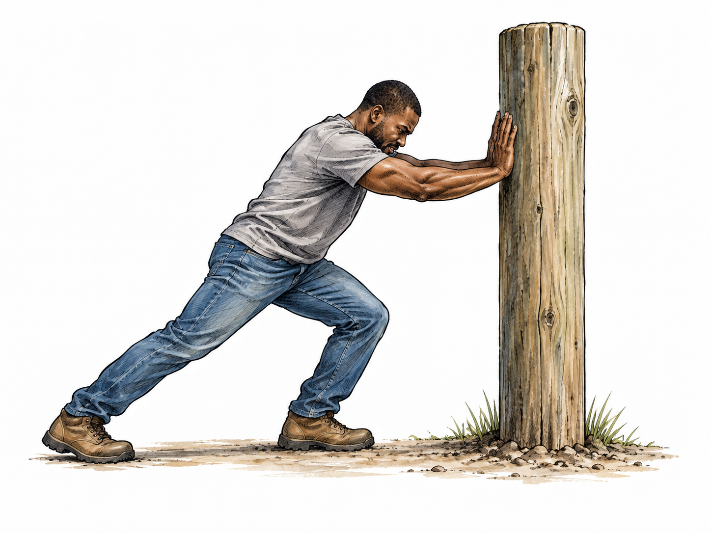 A heavy wooden post stands firmly embedded in compact ground while an adult pushes against it and it remains steady, stability clear, no movement arrows.