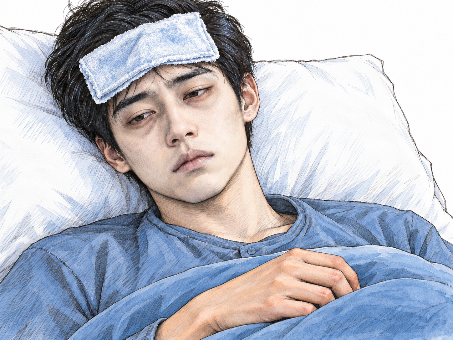 A close view of a sick young man resting against a pillow, his unusually washed-out face and nearly colorless lips emphasized against his warmer-toned hand.