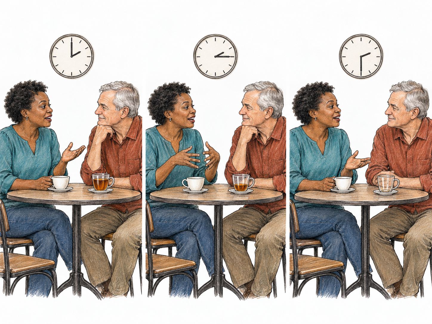 A compact three-moment sequence shows the same relaxed woman speaking animatedly throughout an informal café visit, while her engaged listener's drink and a wall clock visibly progress.