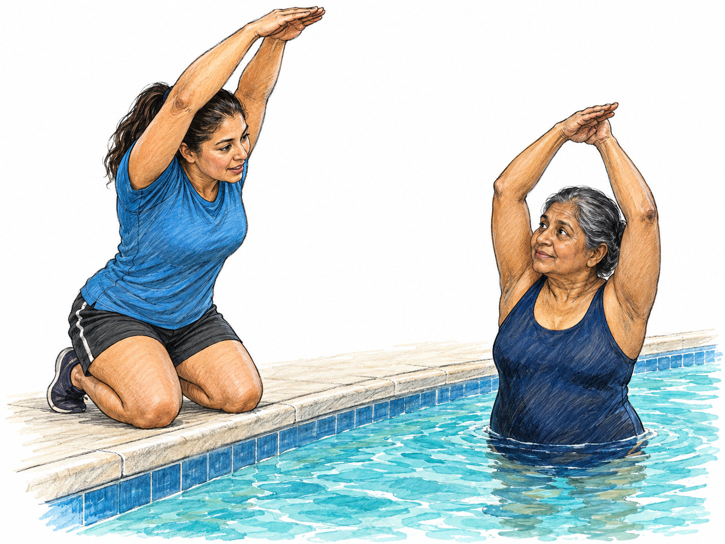 A swimming instructor on the pool edge demonstrates correct arm position to an older beginner in shallow water, who watches and imitates her movement.