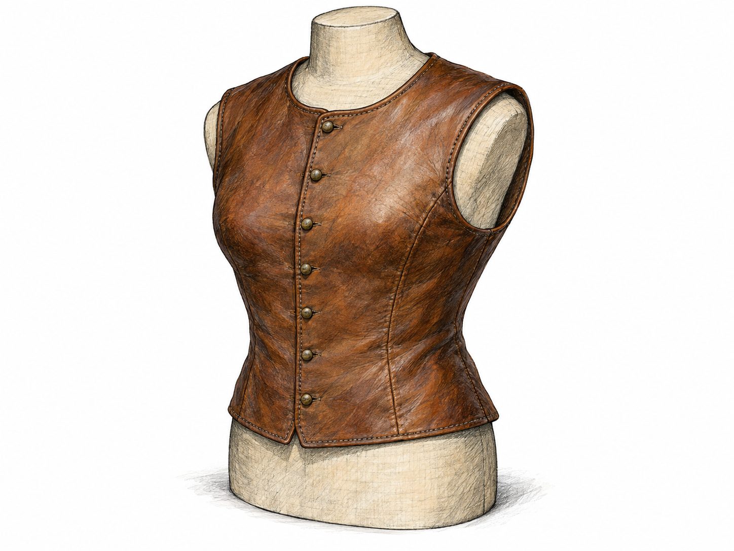 An isolated brown leather jerkin on a simple torso display form, showing its fitted waist, short length, open armholes, and sleeveless construction.
