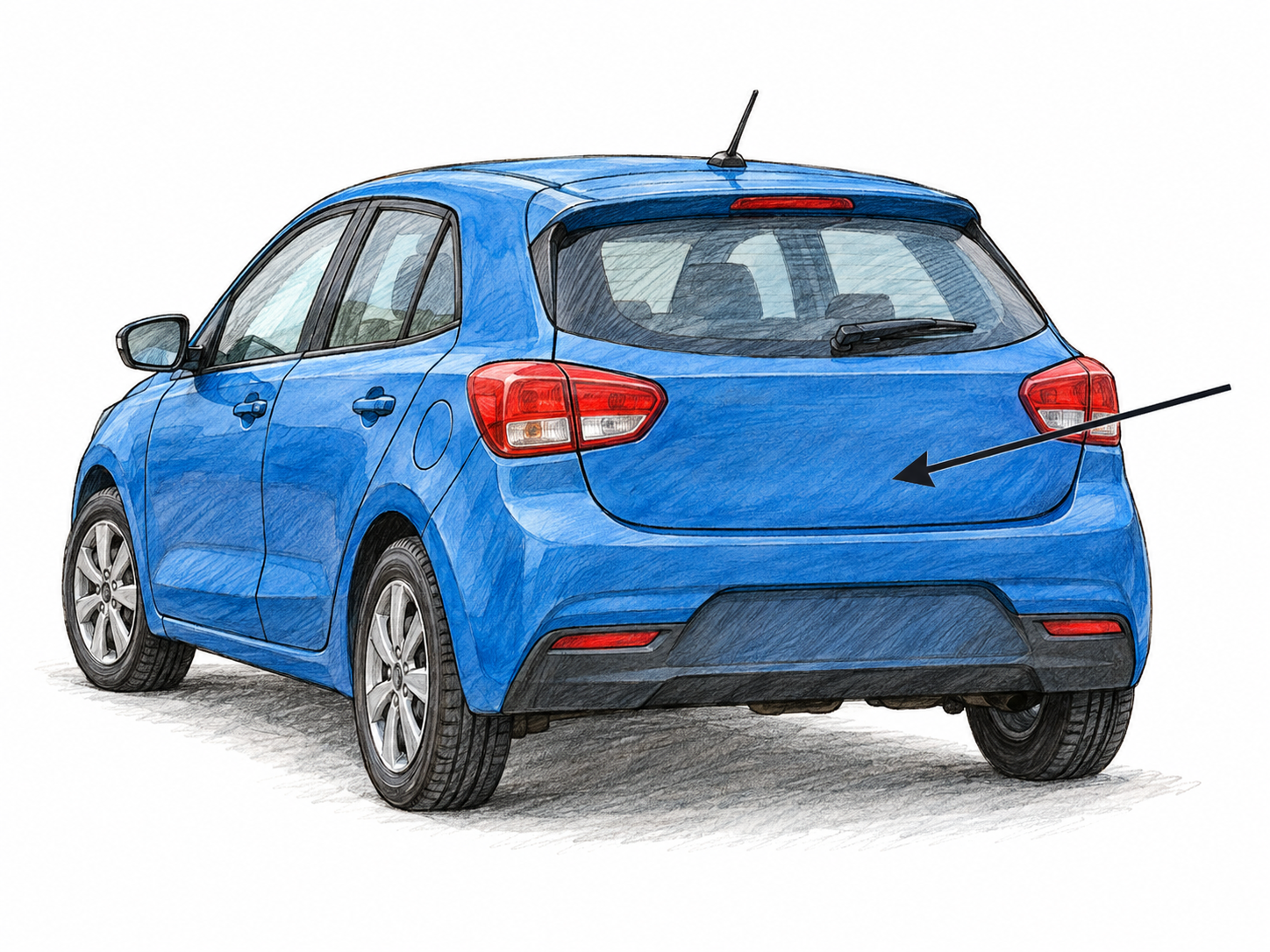 A rear three-quarter view of a simple hatchback car, with its back panel, rear window, paired red taillights and rear bumper clearly visible.