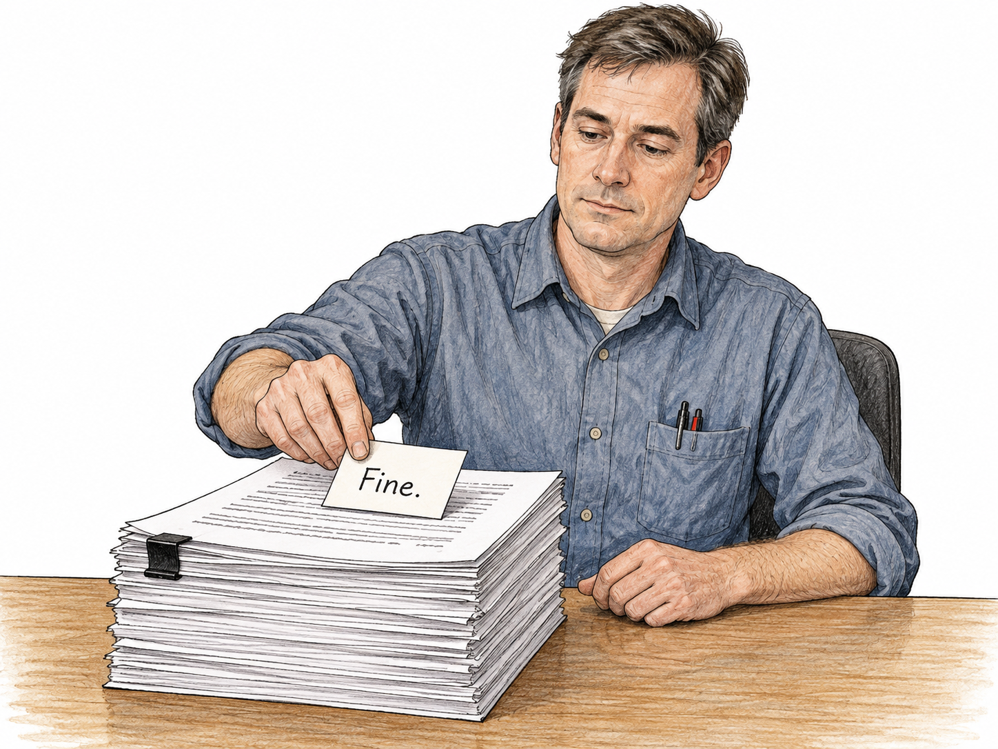 A deadpan man responds Fine to a long proposal.