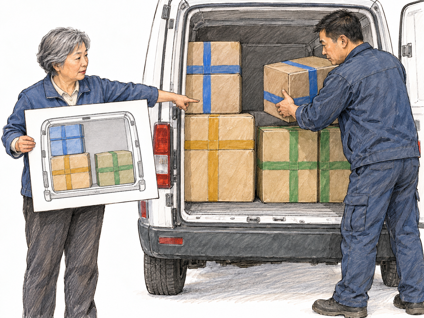A dispatch coordinator uses a pictorial loading plan to direct a worker placing matching grouped parcels into a delivery van, making practical planning and coordination visible together.