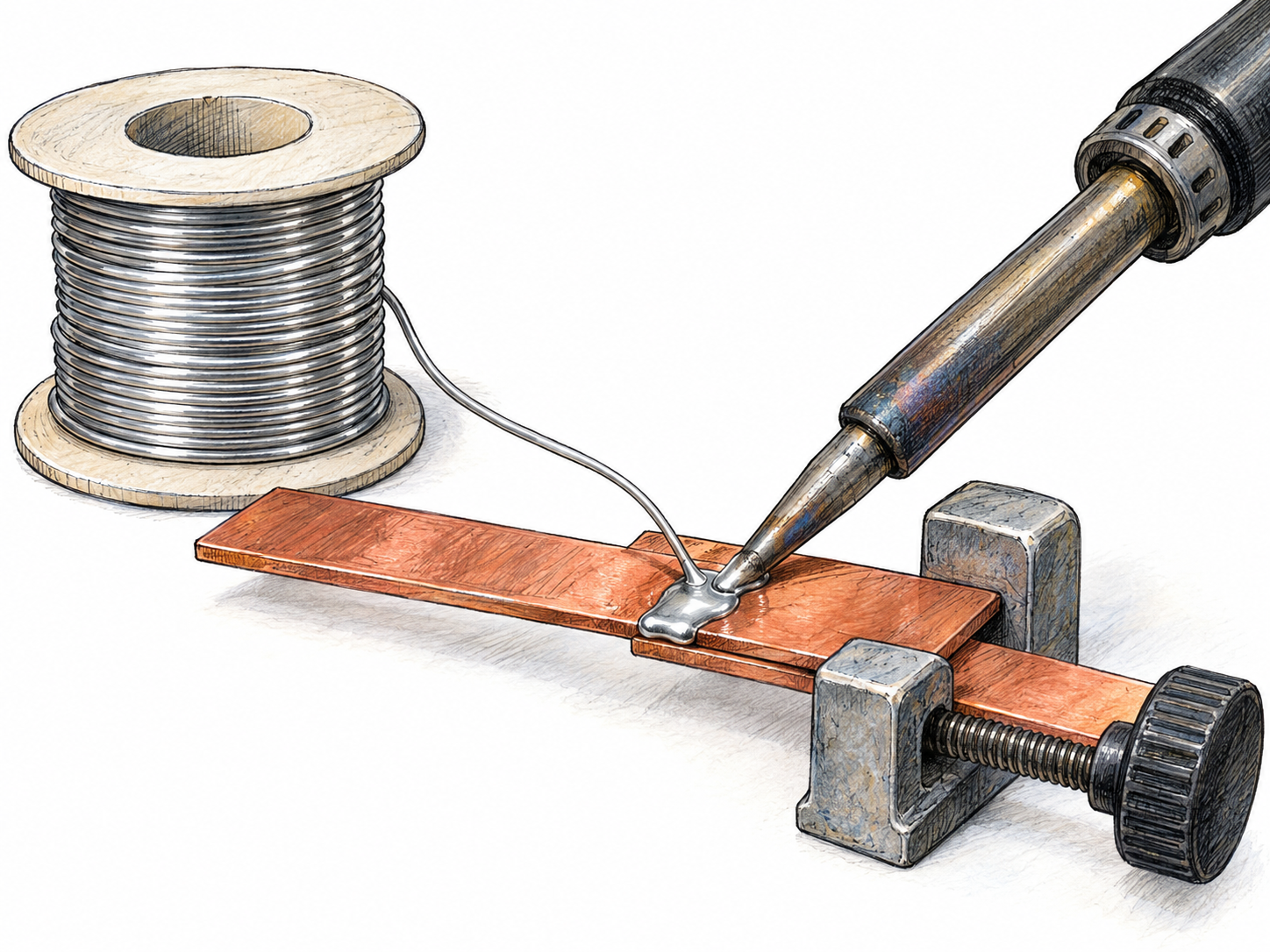 Close-up of solder wire melting into a shiny silver joint between two copper strips, with the solder spool prominently visible beside the work.