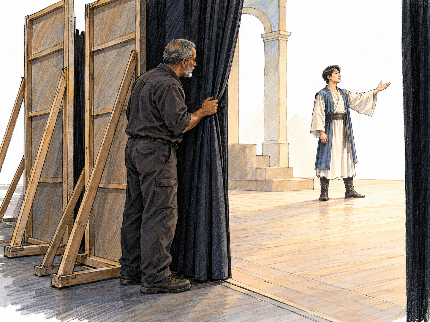 View from behind a theater's side curtain: an older stagehand waits among the exposed backs of scenery flats while a young actor performs on the illuminated stage beyond.