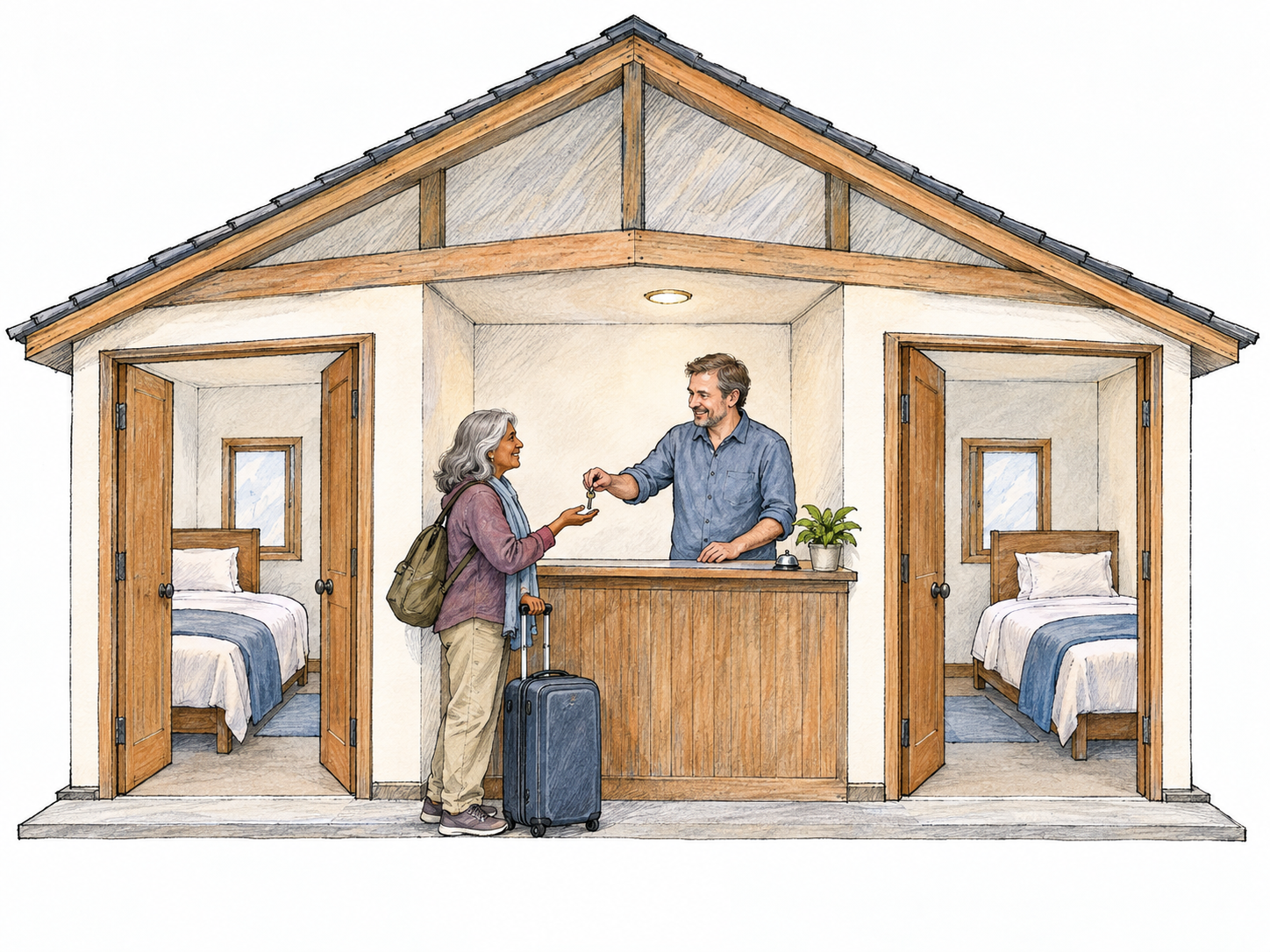 A traveler with a suitcase checks into a small, home-like inn, with a modest reception desk and two guest-room doorways visibly containing neatly made beds.