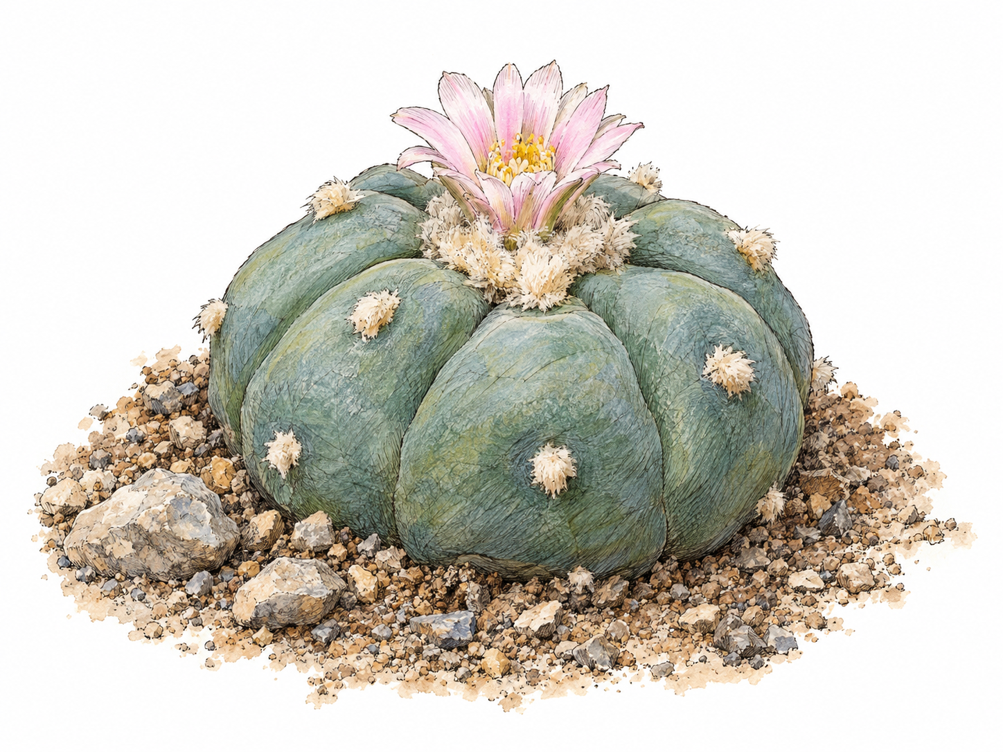 A close, botanically recognizable view of a small living peyote cactus: a low, rounded blue-green button with shallow ribs, woolly areoles, no spines, and a small pale-pink flower.