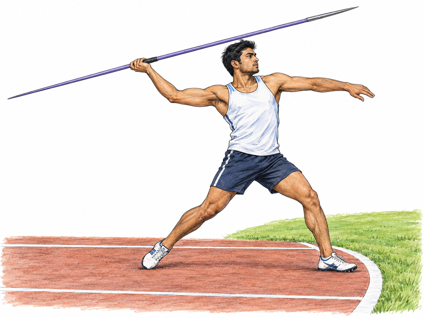 A track-and-field athlete prepares to throw a long, slender sporting javelin on a marked throwing runway, making the implement and its athletic use immediately recognizable.