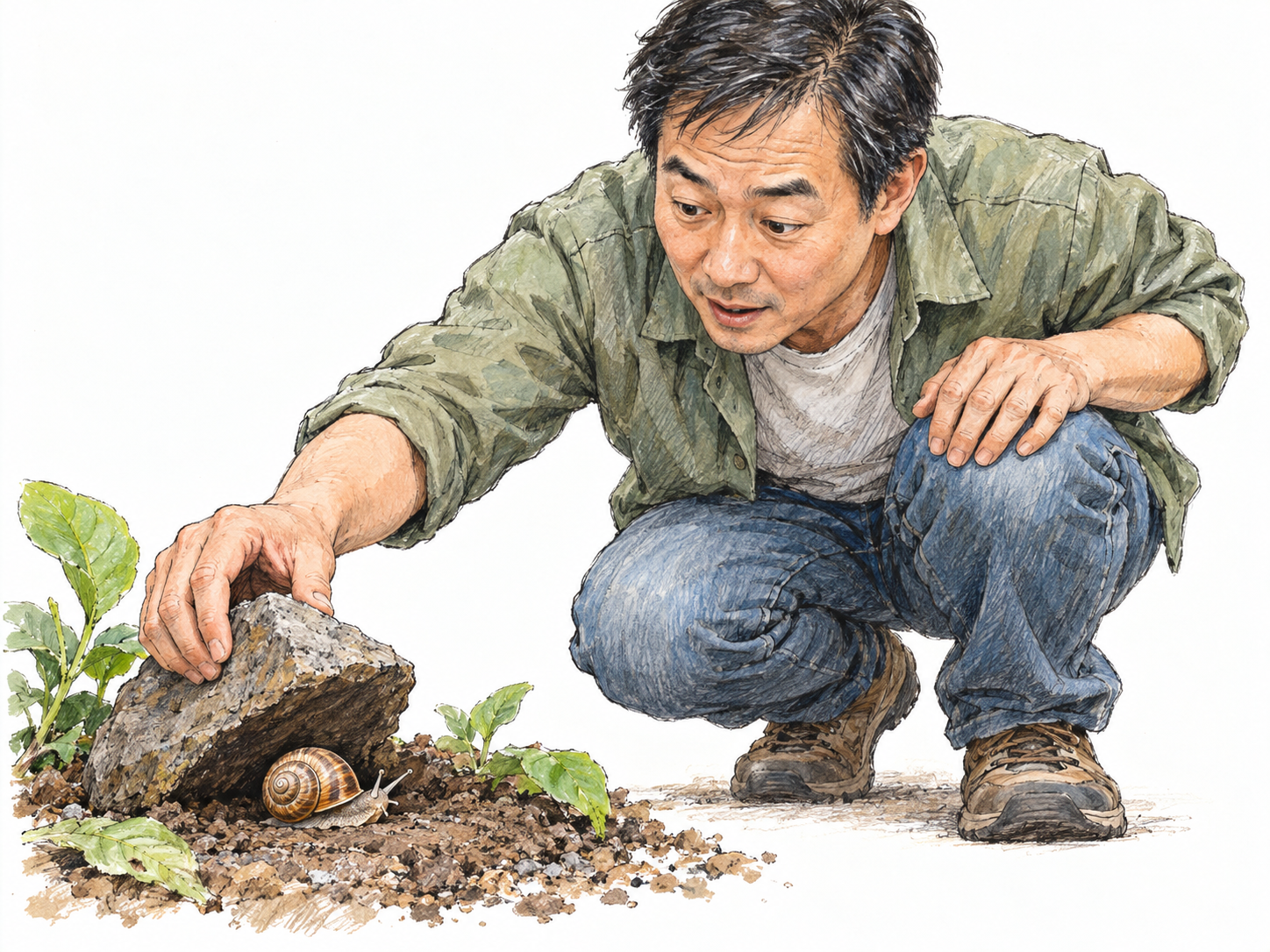 A middle-aged East Asian man gently lifts a loose garden stone and discovers a small snail underneath, leaning closer with an expression of fresh curiosity.